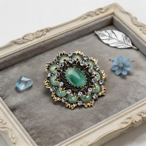 Vista 6 de Broche de piedra de ojo de gato barroco vintage para mujer, pin de solapa unisex Verde
