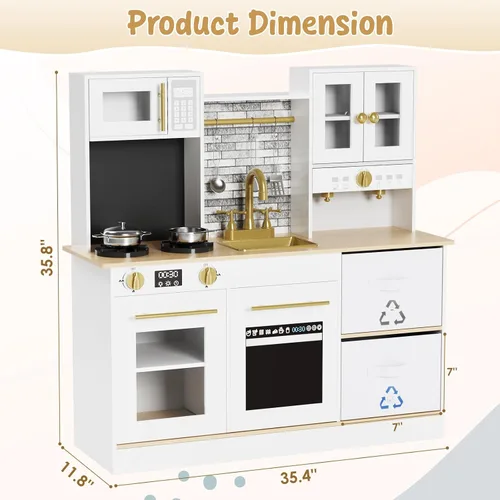 Vista 2 de MAMIZO Cocina de juego para niños, cocina de juguete de simulación de madera, juego de cocina Toodler, estufa con luz y sonido, fregadero