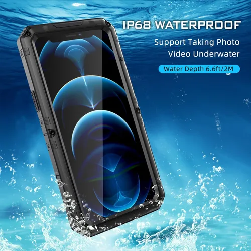 Vista 4 de Mitywah Funda impermeable para iPhone 12 Pro Max, funda de metal resistente de grado militar, protección de cuerpo completo, resistente, a prueba