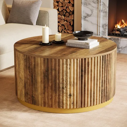 Vista 7 de Tribesigns Mesa auxiliar redonda de 31.5 pulgadas, mesa central de madera acanalada con base de tambor resistente, muebles modernos de mediados