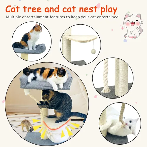 Vista 3 de Torre de árbol para gatos de 35 pulgadas para gatos de interior, poste rascador alto para gatos con cama grande para gatos grandes de Maine Coon