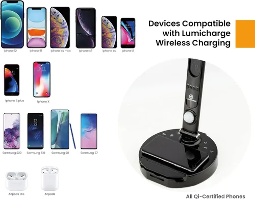 Vista 6 de Lámpara LED, inteligente y ajustable de escritorio con base de carga universal para teléfono de LumiCharge. Control táctil de 3 tonos