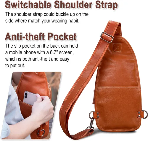 Vista 5 de CENUNCO Geniune - Bolso bandolera de cuero para hombres y mujeres, bolso cruzado para el hombro, mochila para el pecho