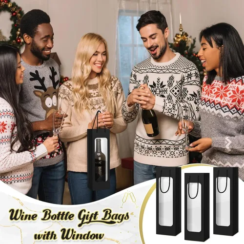 Vista 5 de Tioncy 24 bolsas de regalo de botella de vino individual de Navidad, bolsas de champán para bodas a granel con ventana transparente, cajas