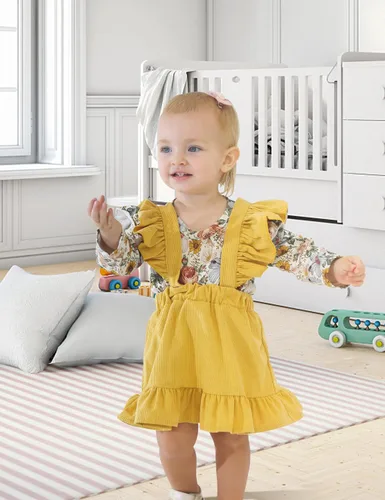 Vista 3 de ATEUNO Newborn Baby Girl Clothes Long Sleeve Floral Romper Tops Ruffle Suspender Skirt Set Infant Overall Dress Fall Outfits