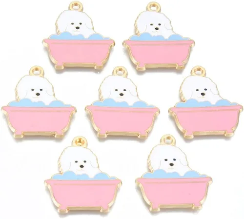 Vista 5 de Mega Pet 5 dijes planos esmaltados para perro de aleación, esmaltado de limner, bichón, forma de paleta, encantadora, serie de cachorros, dijes