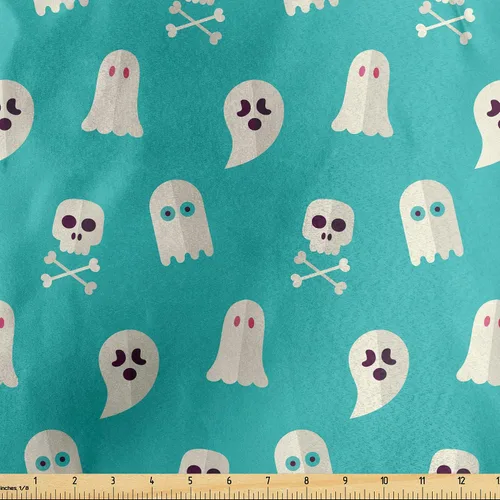 Vista 110 de Ambesonne The Yard, tela de calavera colorida con temática de Halloween, diseño de calavera y huesos cruzados, divertido estampado de dibujos