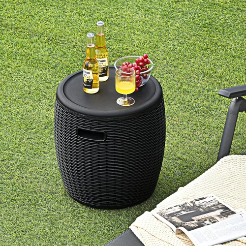 Vista 2 de Giantex Enfriador de hielo de 9.5 galones, baúl redondo de mimbre, cubo de hielo para vino de cerveza al aire libre, tapa superior, asas laterales