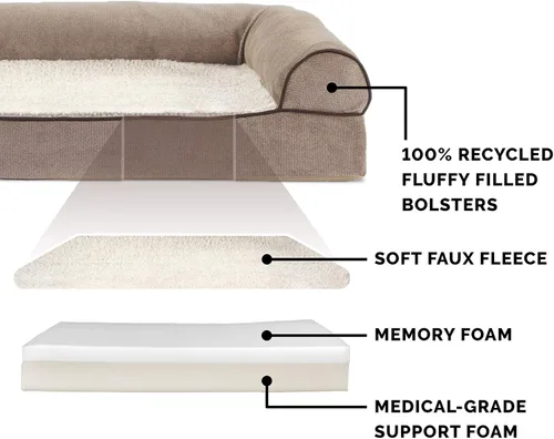 Vista 4 de Furhaven Cama para perro, de espuma viscoelástica, estilo sofá, Sherpa y chenilla, crema, M