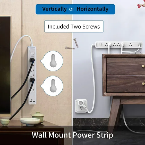 Vista 3 de Cable de extensión de 15 pies, protector de sobretensiones de 6 salidas, tira de alimentación larga y resistente de enchufe plano, enchufe plano