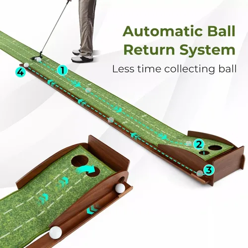 Vista 5 de Alfombrilla de golf para interiores con putter y 5 bolas, juego de devolución automática de bolas, terciopelo mate para el hogar, oficina, patio