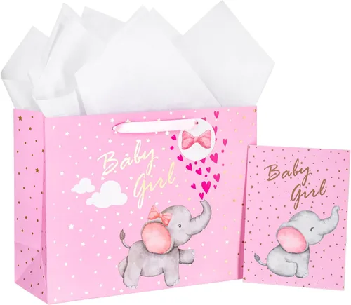 Vista 17 de Loveinside Bolsa de regalo para bebé niño con papel de seda y tarjeta de felicitación para baby shower, nuevos padres y más, diseño animal azul, 16
