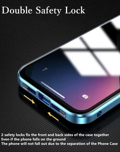 Vista 3 de Funda antiespía con cerraduras de seguridad para iPhone 12, funda de vidrio de doble cara con protector de lente de cámara, carcasa de aluminio