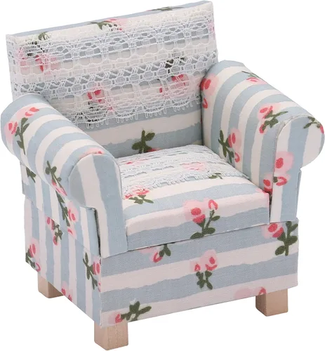 Vista 5 de Sofá de casa de muñecas con otomana, sillón en miniatura, muebles de sala de estar, accesorios para muñecas de 6 pulgadas, escala 1/12, azul