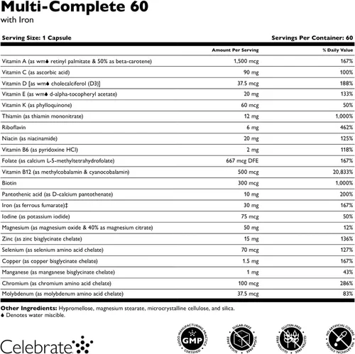 Vista 3 de Celebrate Vitamins Multi-Complete, 60mg Hierro – Multivitamínico bariátrico diario para pacientes con gastrectomía de manga y cirugía de bypass