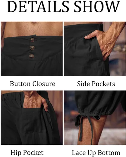 Vista 5 de Gafeng Pantalones piratas renacentistas medievales para hombre, disfraz colonial de caballero para Halloween, pantalones cortos con cordones LARP