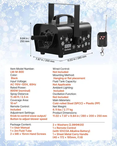 Vista 7 de VEVOR Máquina de nieve portátil de 800 W, máquina de nieve portátil inalámbrica remota con tanque y mango de 1 litro, fabricante de copos de nieve