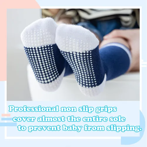 Vista 4 de Calcetines altos hasta la rodilla para bebé, calcetines de tubo antideslizantes, 5 pares de calcetines de agarre atlético, niños y niñas