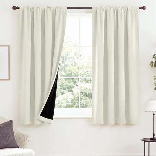 Vista 70 de NICETOWN Biscotti Beige 100% Cortinas opacas de 45" de largo para cocina, bolsillo con varilla para sótano completamente opaco, cortinas térmicas