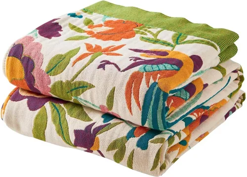 Vista 34 de Manta bohemia de muselina de algodón tejida con flores decorativas de 50 x A-verde