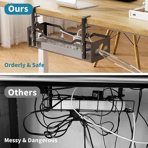 Vista 4 de Bandeja de organización de cables para debajo del escritorio, sin taladros, organización de cables de malla metálica debajo del escritorio