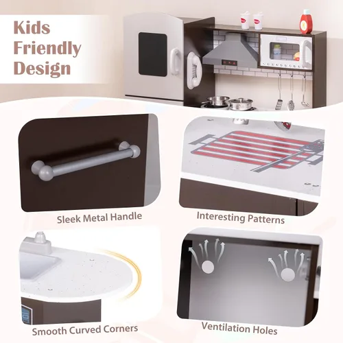 Vista 8 de HONEY JOY Juego de cocina para niños, cocina de madera modular de 2 piezas para niños pequeños y lavadora con fregadero, campana extractora