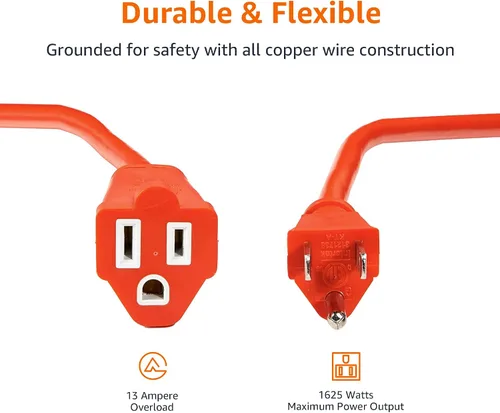 Vista 3 de Amazon Basics Cable de extensión de 50 pies de 3 clavijas para interiores y exteriores, resistente, 13 amperios, 1625 vatios, 125 VAC, naranja