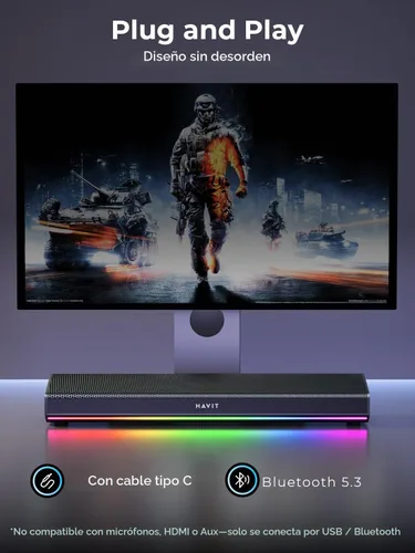 Vista 6 de havit Altavoces de computadora para PC de escritorio, barra de sonido Bluetooth de 5.3 piezas con luz LED dinámica, estéreo de alta fidelidad