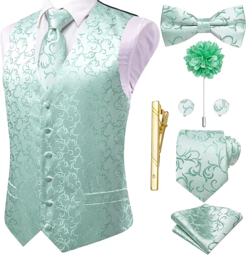 Vista 32 de Hi-Tie Chaleco de traje de seda para hombre, corbata y corbatín de solapa, clip de corbata dorado, chaleco floral de cachemira, 8 piezas, conjunto