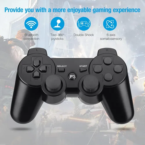 Vista 2 de Powerextra Wireless Controller Compatible with PS-3 2 Pack High Performance Gaming Controller with Upgraded Joystick for Play-Station 3 Black