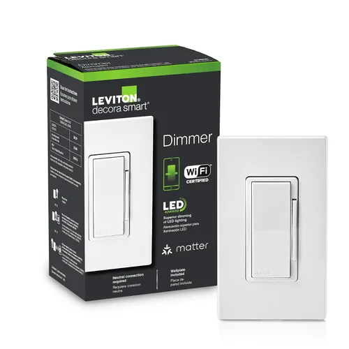 Vista 20 de Leviton Decora Smart interruptor regulador de intensidad, 0-10V, Wi-Fi, requiere cable neutro, funciona con Matter, My Leviton, Alexa, Google
