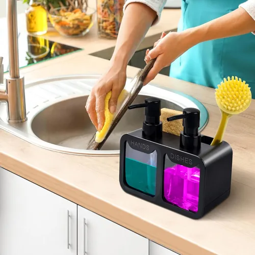 Vista 7 de Juego de dispensador de jabón para platos y manos, dispensador de jabón doble para fregadero de cocina, dispensador de jabón de manos 4 en 1