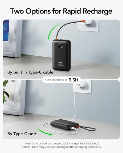 Vista 4 de VIYISI Cargador portátil de 20000mAh 30W de carga rápida, banco de energía con cables incorporados y pantalla LED, paquete de batería USB C