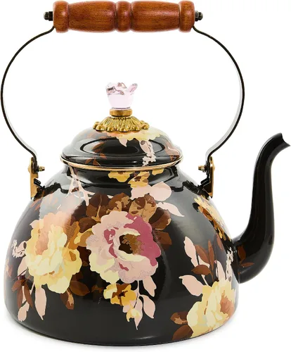 Vista 19 de MACKENZIE-CHILDS Tetera de Esmalte, Tetera Bonita para Estufa, 2 Cuartos, Rosa Silvestre Marrón Diseño aplicado a mano, hecho de acero esmaltado