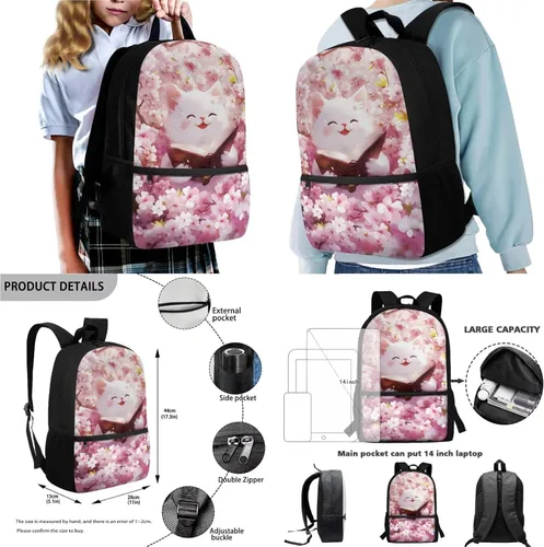 Vista 2 de Cat Book Cherry Blossom Print 4 Piece Backpack Set for Child, Multifunctional Laptop Backpack Lightweight School Supplies Rucksack Outdoor Daypack