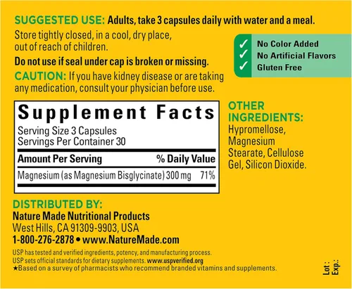 Vista 6 de Nature Made Glicinato de magnesio de alta absorción 300 mg por 3 cápsulas, suplemento de magnesio para soporte muscular, corazón, nervio y hueso, 90