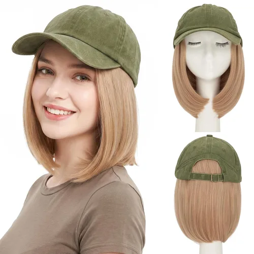 Vista 27 de SEGO - Gorra de béisbol con extensiones de cabello para mujer, resistente al calor, sintético, 6 pulgadas, ajustable, corta, recta, peluca