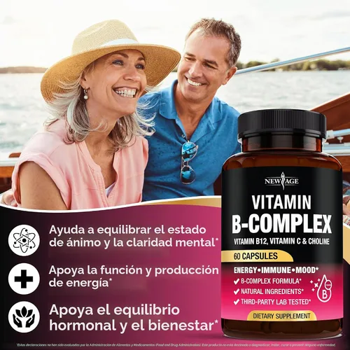 Vista 3 de Complejo de vitamina B para hombres y mujeres - Fabricado en EE. UU. - Complejo B: B1, B2, B3, B5, B6, B7, B8, B9, B12 con vitamina C, colina