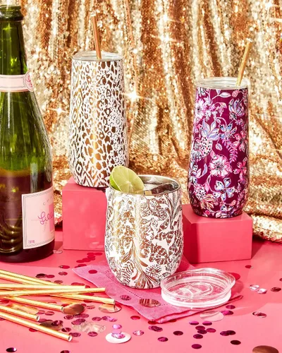 Vista 3 de Lilly Pulitzer Copa de Champán sin Tallo de 10 Oz, Vaso Pequeño de Acero Inoxidable con Tapa, Copa de Metal con Aislamiento de Doble Pared