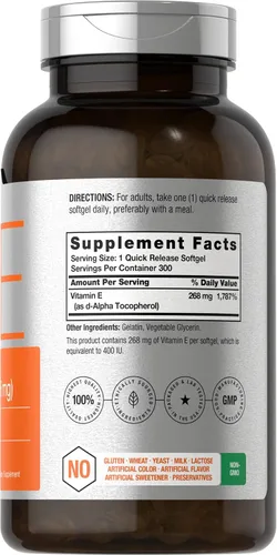 Vista 2 de Horbäach Suplemento de vitamina E 400 UI (268 mg) 300 cápsulas de cápsulas blandas D-alfa tocoferol Fórmula sin OMG y sin gluten