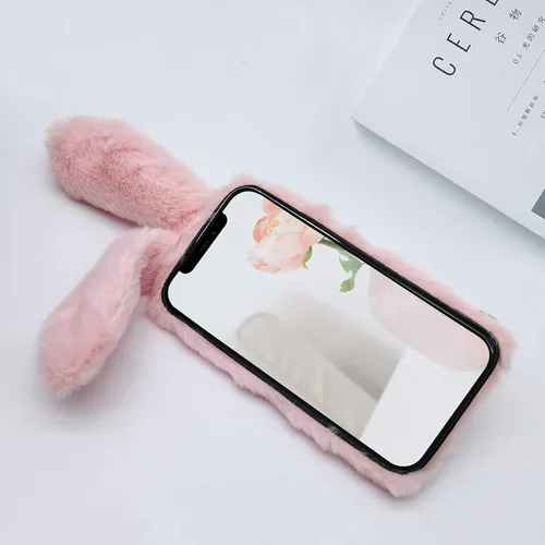 Vista 4 de Compatible con iPhone 13 Pro Max - Funda de conejo para niñas, de piel de lujo, cálida, hecha a mano, peluda, mullida, suave, 3D, oreja, pelo