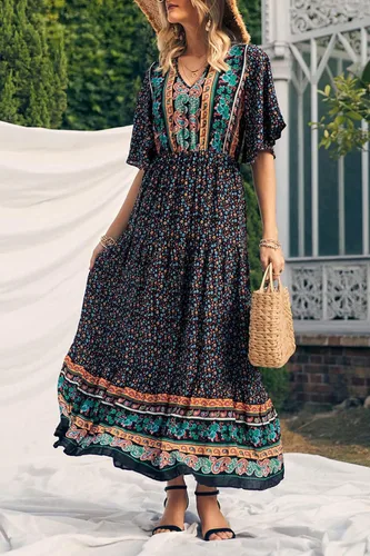 Vista 7 de PRETTYGARDEN - Vestido bohemio casual de verano para mujer, con estampado floral, cuello en V, manga corta, cintura alta, largo hasta el piso