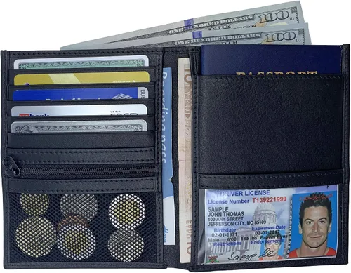 Vista 4 de Soporte para pasaporte de viaje de cuero genuino con bloqueo RFID, Negro -, Cartera Rfid