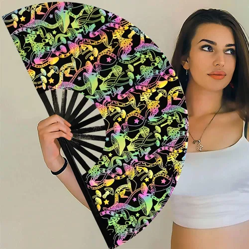 Vista 5 de Ventilador de mano plegable de bambú holográfico con funda para hombresmujeres, ventilador de mano para EDM, festival de música, club, extraño