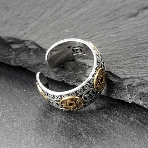 Vista 7 de Anillos de moneda de Feng Shui de plata de ley 925, anillo de dinero de la suerte para hombres y mujeres para atraer el éxito de la fortuna, Metal