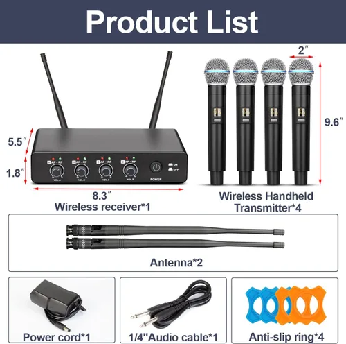 Vista 8 de Depusheng R4 - Micrófonos inalámbricos para karaoke profesional, 4 canales, sistema de micrófono inalámbrico de mano, micrófono dinámico de metal