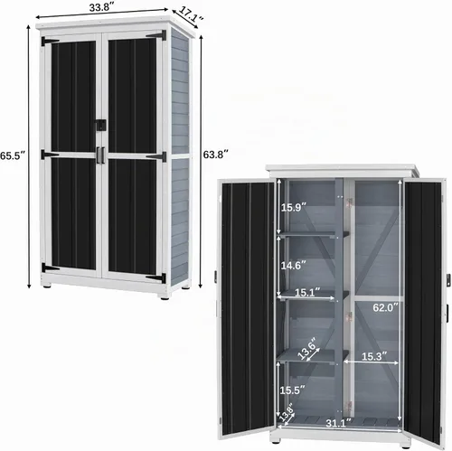 Vista 5 de GDLF Armario de almacenamiento para exteriores de madera y metal, cobertizo de jardín con techo impermeable y puertas resistentes con cerradura
