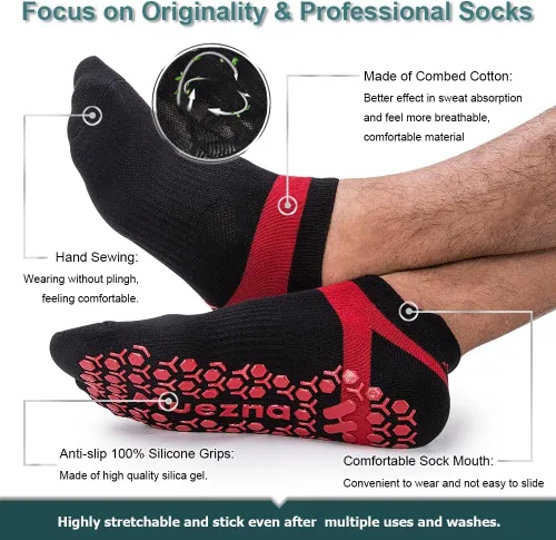 Vista 4 de Muezna Calcetines de yoga antideslizantes para hombre, para pilates, barras, Bikram Fitness Hospital con puños