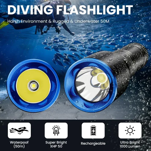 Vista 2 de Linterna de buceo recargable, luz LED de 1000 lúmenes con carga USB-C 1000 lumen underwater LED flashlight with USB-C, aluminum body and