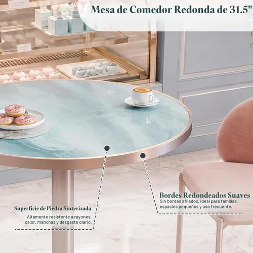 Vista 4 de Mesa de tulipán de 31.5 pulgadas, mesa de comedor redonda con mesa de Aqua Jade (oro rosa)